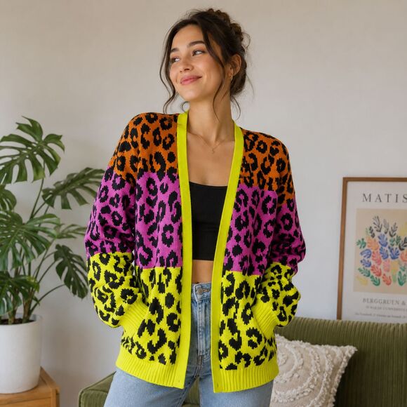 FARM Rio Sweaters - FARM Rio Mixed Leopards Cardigan XS Orange Purple Green Ombre Knit Open Front